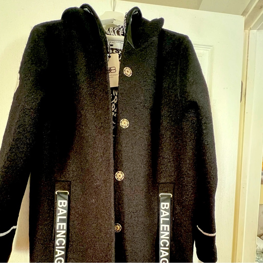 Balenciaga Black Wool Pea Coat with Logo Trim